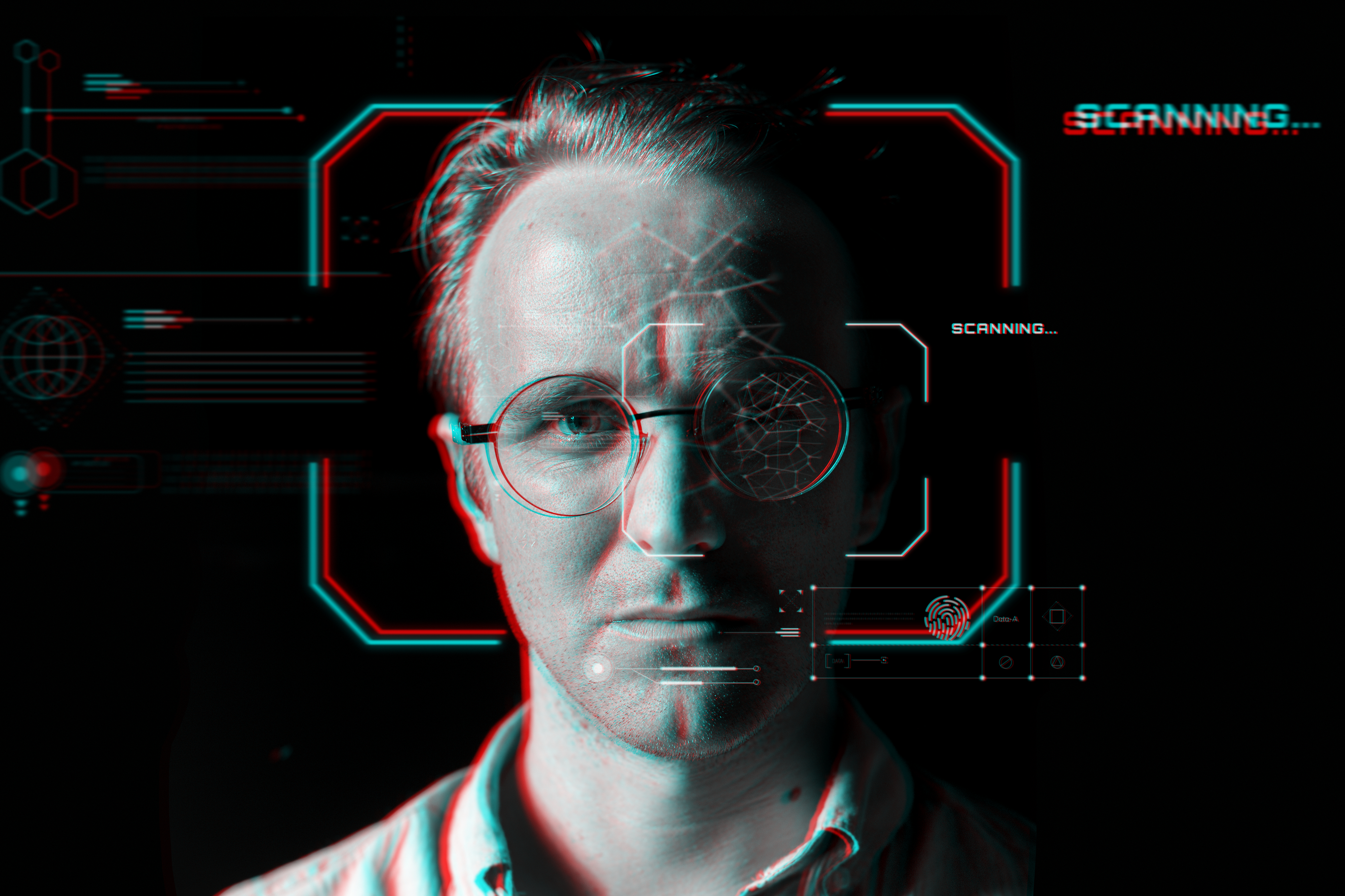 man-wearing-smart-glasses-virtual-scanning-technology-glitch-effect